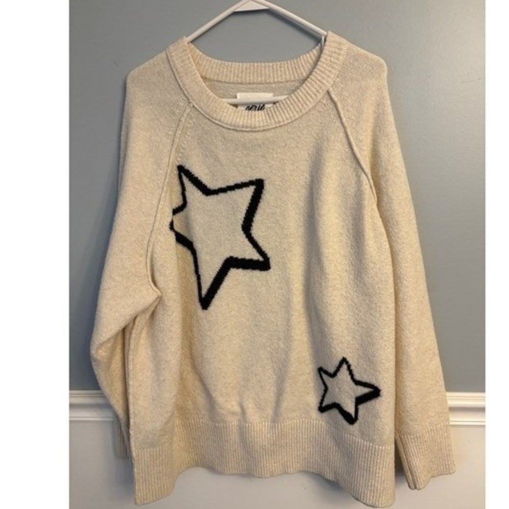 Aerie Cream Knit Crewneck Sweater Intarsia Star Knit Sweater Oversized Large